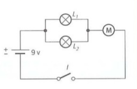 Montaje C2 con pila de 9 voltios, dos lámparas en ramas y un motor con interruptor I